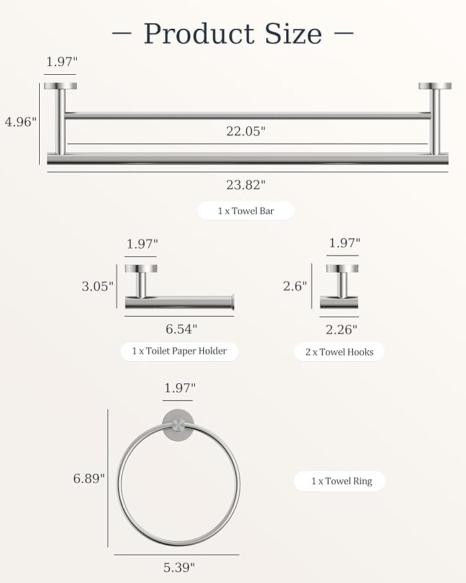 Brushed Nickel Bathroom Accessories Set, SUS304 Stainless Steel 5 Pieces | Bathroom Hardware Set, 24" Double Bath Towel Bar Set, 2 Towel Hooks, Toilet Paper Holder, Towel Racks for Bathroom