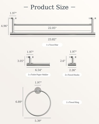 Brushed Nickel Bathroom Accessories Set, SUS304 Stainless Steel 5 Pieces | Bathroom Hardware Set, 24" Double Bath Towel Bar Set, 2 Towel Hooks, Toilet Paper Holder, Towel Racks for Bathroom