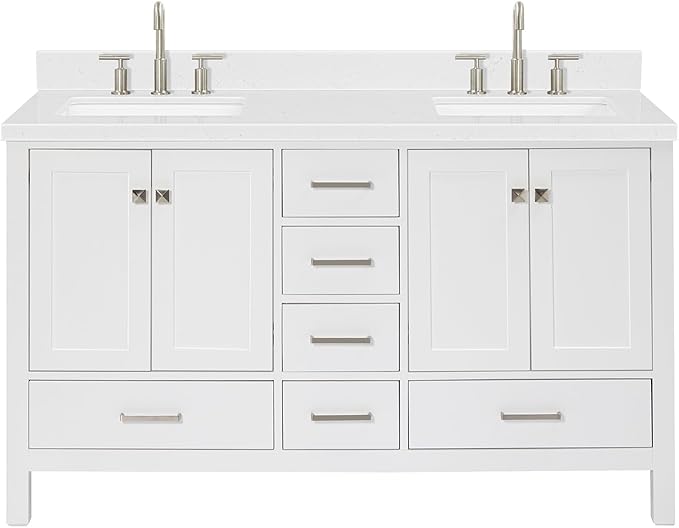 ARIEL Cambridge 60-inch Bathroom Vanity with Sink,Solid Wood, 1.5-inch Carrara White Quartz Countertop, Double Rectangular Porcelain Sink, 4 Soft Closing Doors, 6 Dovetail Drawers, White