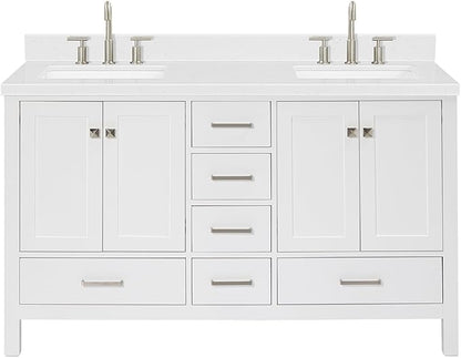 ARIEL Cambridge 60-inch Bathroom Vanity with Sink,Solid Wood, 1.5-inch Carrara White Quartz Countertop, Double Rectangular Porcelain Sink, 4 Soft Closing Doors, 6 Dovetail Drawers, White