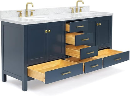 ARIEL Cambridge 72-inch Bathroom Vanity with Sink,Solid Wood, 1.5-inch Italian Carrara Marble Countertop, Double Oval Porcelain Sink, 4 Soft Closing Doors, 6 Dovetail Drawers, Midnight Blue