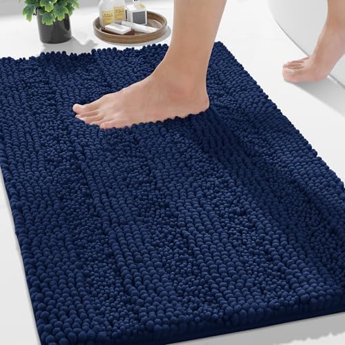 Yimobra Bathroom Rug Mat 36 x 24, Non Slip and Super Absorbent Bath Mat,Machine Washable Quick Dry,Ultra Plush Chenille Shower Rugs for Bathroom Floor Sink Tub and Shower Outside,Navy Blue