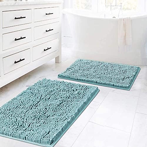 H.VERSAILTEX Bath Rugs for Bathroom Slip-Resistant Shag Chenille Bath Rugs Mat Extra Soft and Absorbent Bath Rug for Shower Room Machine-Washable Fast Dry (Aqua Haze, 20" x 32"/17" x 24")