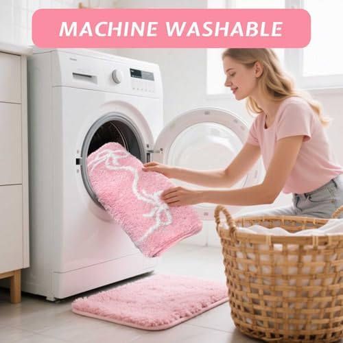 Mocsicka Pink Bow Bath Mat Cute Bow Bathroom Rug Super Soft Absorbent Bathroom Rugs Non Slip Bath Mat Machine Washable Rug for Bathrooms 20x32 inches (Pink, 50x80cm)