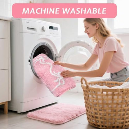 Mocsicka Pink Bow Bath Mat Cute Bow Bathroom Rug Super Soft Absorbent Bathroom Rugs Non Slip Bath Mat Machine Washable Rug for Bathrooms 20x32 inches (Pink, 50x80cm)