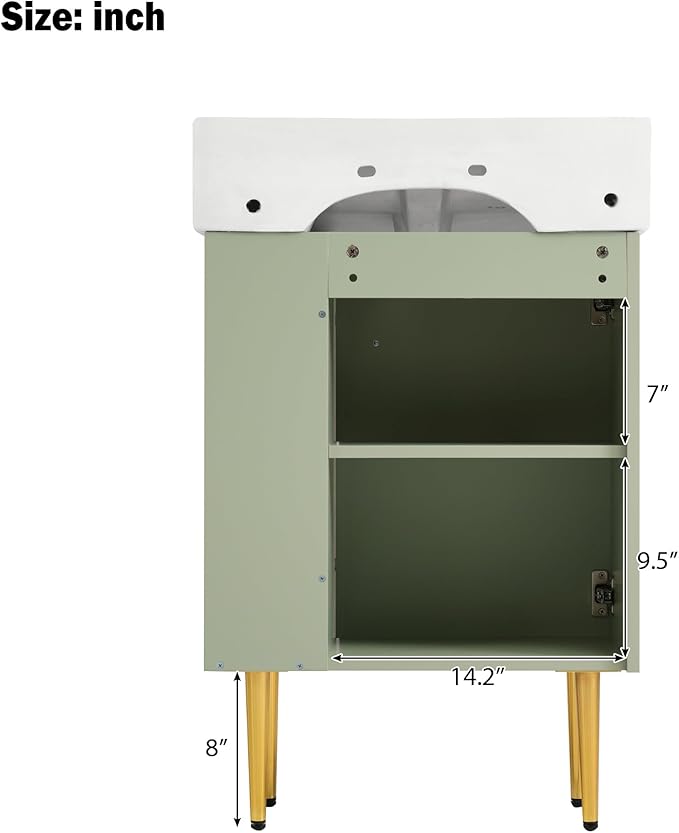 21.6 in Small Bathroom Vanity with Sink,Doors and Storage Shelves,Wood Modern Single Fluted Bathroom Sink Cabinet Freestanding (Green,Right Shelf)