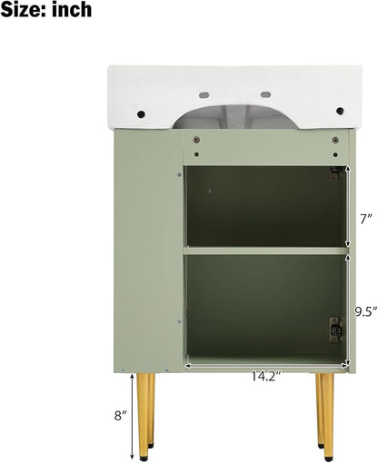 21.6 in Small Bathroom Vanity with Sink,Doors and Storage Shelves,Wood Modern Single Fluted Bathroom Sink Cabinet Freestanding (Green,Right Shelf)