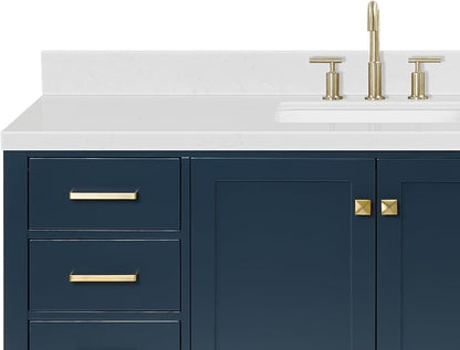 ARIEL Cambridge 60-inch Bathroom Vanity with Sink,Solid Wood, 1.5-inch Carrara White Quartz Countertop, Single Rectangular Porcelain Sink, 2 Soft Closing Doors, 9 Dovetail Drawers, Midnight Blue