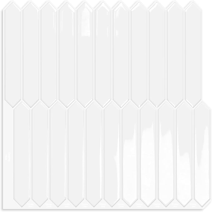 White Long Hexagon Tile Peel and Stick Backsplash, 10 Sheets Self-Adhesive Wall Tiles Stick on Back Splash for Kitchen, Bathroom, Fireplace,RV(12"×12") | Self-Adhesive Wall Tiles Stick on Back Splash for Kitchen, Bathroom, Fireplace,RV(White,12"×12")