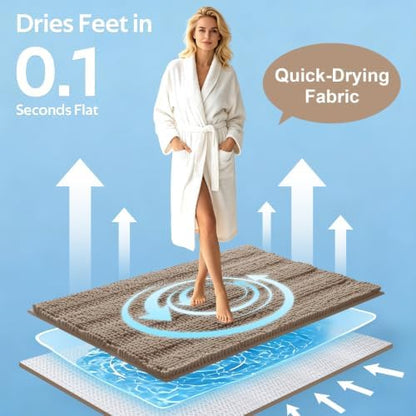 ACCUMTEK Striped Dark Beige Bathroom Rug Mat Set 2 piece 32"x20"+60"x20" Ultra Soft, Non Slip Chenille Bath Rugs, Absorbent Plush Shaggy Bath Mats for Bathroom, Bedroom, Kitchen, Shower, Tub,Taupe