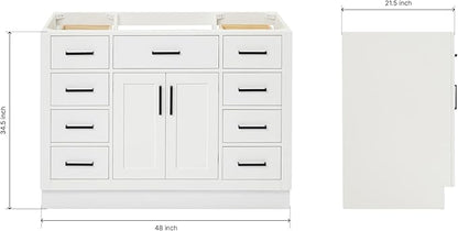 ARIEL Hepburn 48-inch Bathroom Vanity Base Cabinet,Solid Wood, 2 Soft Closing Doors, 9 Dovetail Drawers, White