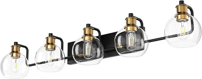Tipace Vintage Vanity Light Fixture,5-Light Industrial Black & Gold Bathroom Lighting with Globe Clear Glass Shades Farmhouse Bath Lighting (Exclude Bulb)