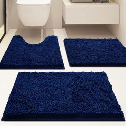 Bathroom Rugs Sets 3 Piece Non Slip,Bath Rugs with PVC Backing Bath Carpet,Bathroom Rug Washable,Absorbent,Plush Carpet Mats,Bath Mats for Bedroom, Kitchen,Tub,Home Decor (Navy)