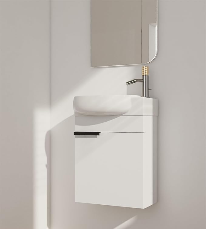 Henf 17 Inch Wall Mounted Bathroom Vanity Sink Combo for Small Space,Modern White Vanities Set with Ceramic Sink Top,Hanging Garage Vanity w/Sink, Floating Small Bathroom Cabinet Compact