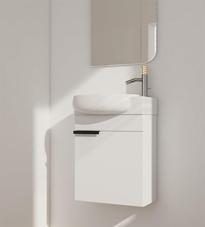 Henf 17 Inch Wall Mounted Bathroom Vanity Sink Combo for Small Space,Modern White Vanities Set with Ceramic Sink Top,Hanging Garage Vanity w/Sink, Floating Small Bathroom Cabinet Compact