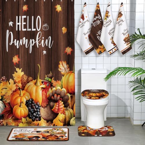 Honoson 8 Pcs Fall Shower Curtain Set Pumpkin Bathroom Decor