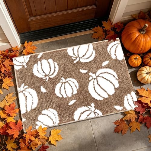 APROPHIC Fall Pumpkin Bath Mats for Bathroom, Thanksgving Super Absorbent Non-Slip Microfiber Shaggy Bath Rugs, Autumn Bathroom Mat for Shower, Tub, Sink, Machine Washable, 20x30 in, Light Brown