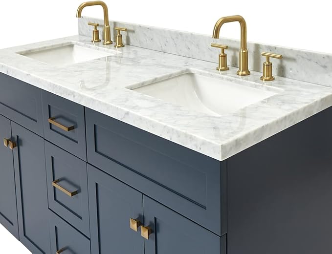 ARIEL Hamlet 60-inch Bathroom Vanity with Sink,Solid Wood, 1.5-inch Italian Carrara Marble Countertop, Double Rectangular Porcelain Sink, 4 Soft Closing Doors, 3 Dovetail Drawers, Midnight Blue