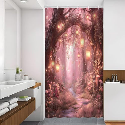 Fantasy Forest Path Shower Curtain Pink Fairy Magical Enchanted Misty Jungle Mushroom Floral Tree Butterfly Lantern Wonderland Bath Curtain Fabric Bathroom Accessories Decor with Hooks 47W x70L