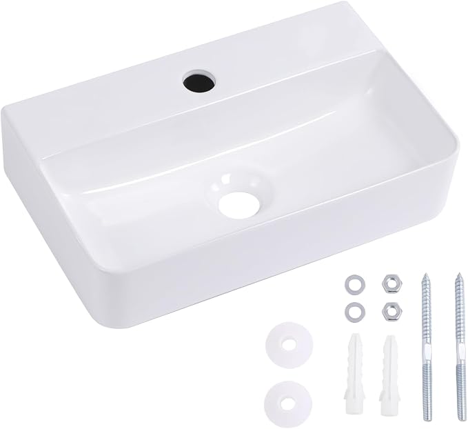 Wall Mount Bathroom Vessel Sink 17"x11" Rectangular Floating White Porcelain Ceramic Wall Hung Vanity Basin Sink for Home,RV,Bathroom