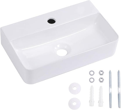 Wall Mount Bathroom Vessel Sink 17"x11" Rectangular Floating White Porcelain Ceramic Wall Hung Vanity Basin Sink for Home,RV,Bathroom
