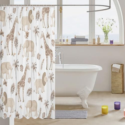 Feelyou Safari Animal Shower Curtain Kids Boys Elephant Lion Giraffe Bathroom Waterproof Accessories with 12 Hooks 72x72 Inches Hunter Brown Rust Wildlife Room Decor