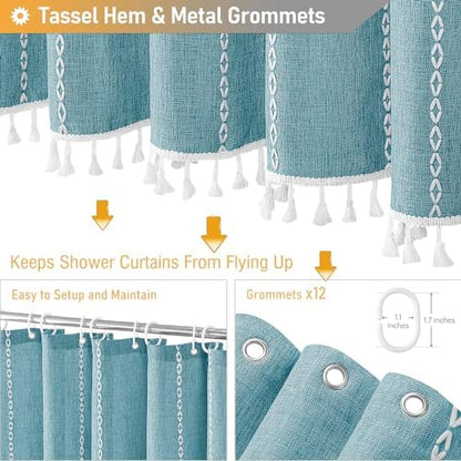 BTTN 72x96 Extra Long Boho Linen Heavy Duty Cloth Shower Curtain Set, Teal