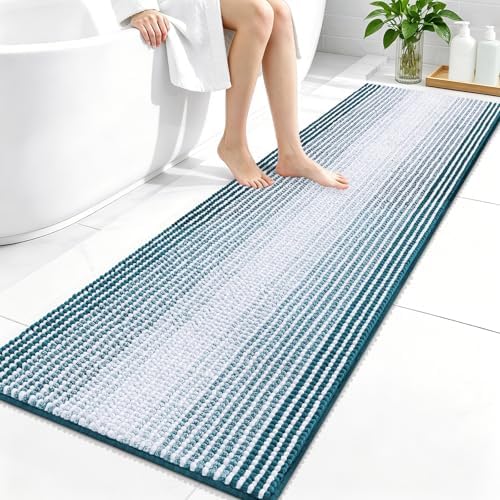 OLANLY Bathroom Runner Rugs 59x20, Chenille Striped Bath Rugs, Peacock Blue
