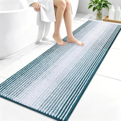OLANLY Bathroom Runner Rugs 59x20, Chenille Striped Bath Rugs, Peacock Blue