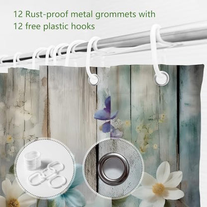 MEHOFOND Rustic Farmhouse Shower Curtain, Colorful Flowers Shower Curtains,Farm Teal Floral on Country Wooden Shower Curtain,Country Blue Wild Garden Plant Fabric Curtains for Bathroom 72x 72 inch