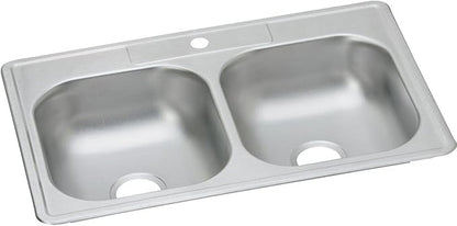 Dayton Stainless Steel 33" x 21-1/4" x 6-9/16", 1-Hole Equal Double Bowl Drop-in Sink