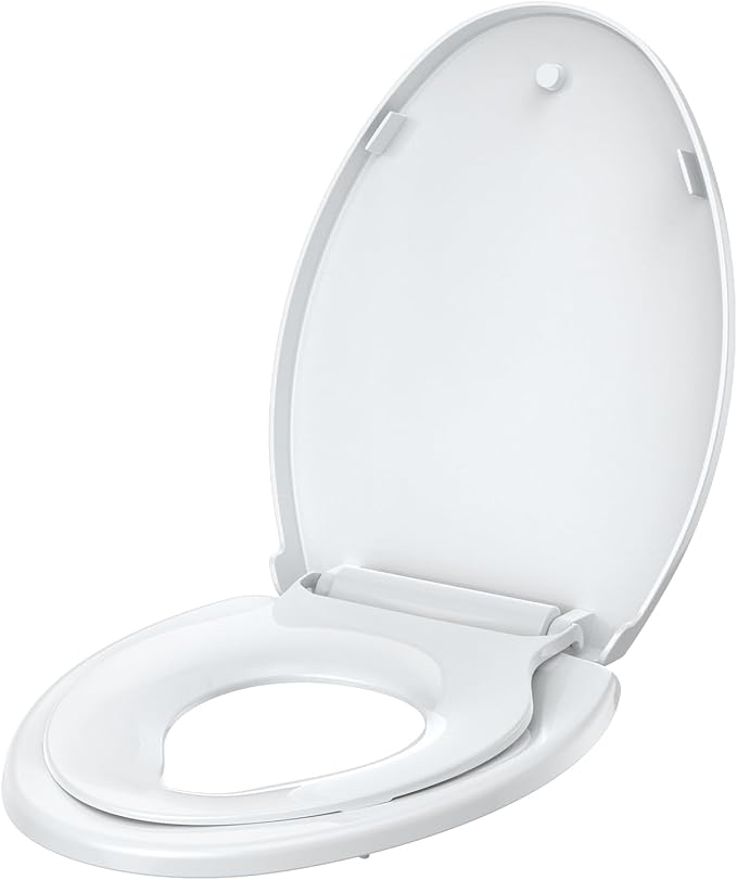 Elongated Toilet Seat with Toddler Seat Built-In, American Standard, Slow Close Lid, Quick Release Hinges, Non-Slip Bumpers, Easy Install & Clean, Never Loosens Design