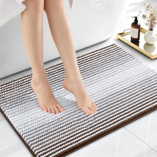 OLANLY Small Bathroom Rugs 24x16, Soft Chenille Striped Bath Rugs, Brown