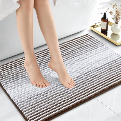 OLANLY Small Bathroom Rugs 24x16, Soft Chenille Striped Bath Rugs, Brown