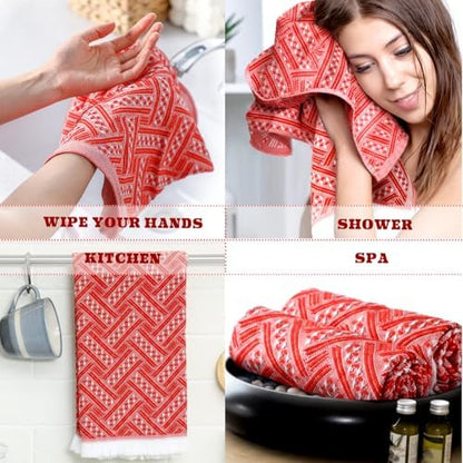 HunnmingRe 4 Pack Boho Hand Towel for Kitchen, Red Orange ,White