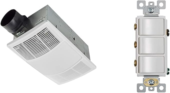 Broan-NuTone BHFLED80 PowerHeat Bathroom Exhaust Fan, Heater, and LED Light Combination, 80 CFM & P3RW Three-Rocker Switch for Bathroom Exhaust Fan, White Wall Control Knob