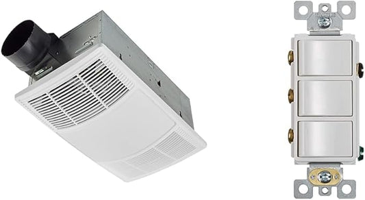 Broan-NuTone BHFLED80 PowerHeat Bathroom Exhaust Fan, Heater, and LED Light Combination, 80 CFM & P3RW Three-Rocker Switch for Bathroom Exhaust Fan, White Wall Control Knob