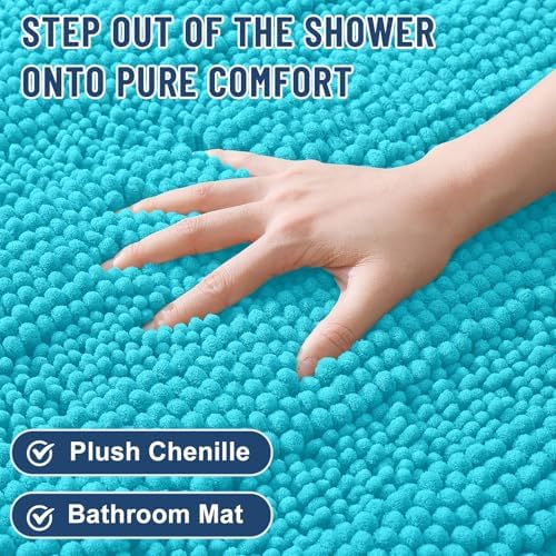 Grandaily Chenille Striped Bathroom Rugs 44x24, Extra Thick and Soft Absorbent Bath Mats, Rubber Backing, Plush Shaggy Shower Carpet, Machine Wash Dry, Bath Rug for Bathroom, Aqua Sky