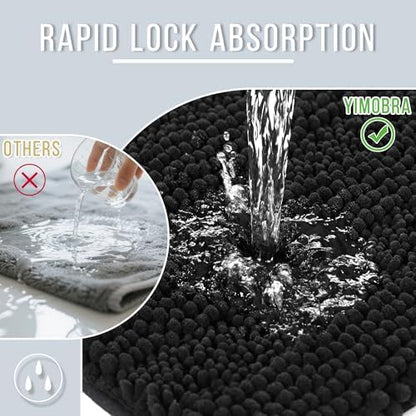 Yimobra Bathroom Rug Mat 36 x 24, Non Slip and Super Absorbent Bath Mat,Machine Washable Quick Dry,Ultra Plush Chenille Shower Rugs for Bathroom Floor Sink Tub and Shower Outside,Black