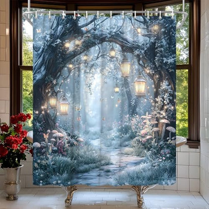 Fantasy Forest Path Shower Curtain Winter Fairy Magical Enchanted Misty Jungle Mushroom Floral Tree Butterfly Lantern Wonderland Bath Curtain Fabric Bathroom Accessories Decor with Hooks 84W x70L
