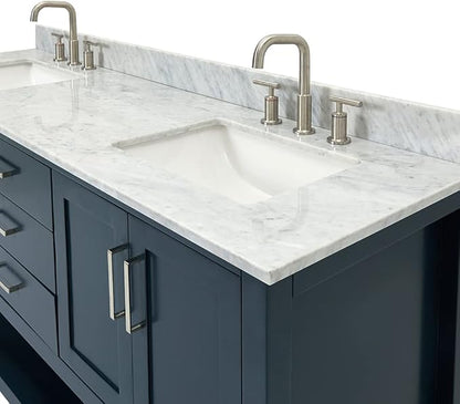 ARIEL Magnolia 72-inch Bathroom Vanity with Sink,Solid Wood, 0.75-inch Italian Carrara Marble Countertop, Double Rectangular Porcelain Sink, 4 Soft Closing Doors, 3 Dovetail Drawers, Midnight Blue