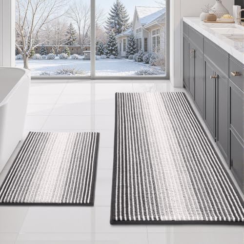 BSICPRO Bathroom Rugs Sets 2 Piece, Non Slip Striped Bath Mats, Gray