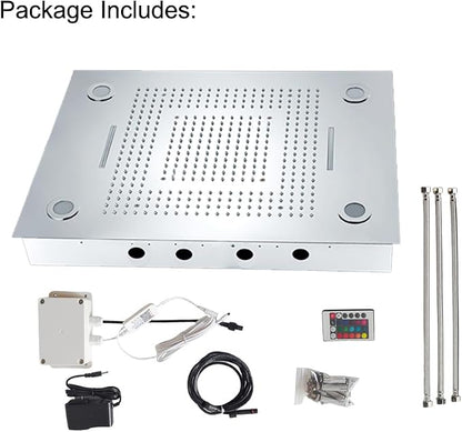 Cascada Classic Design 23”x31” large recessed LED rain shower head w/3 modes (Rainfall+ Water Curtain + Waterfall)(NON Music, Polished Stainless Steel)