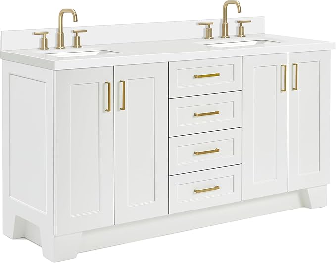 ARIEL Taylor 66-inch Bathroom Vanity with Sink,Solid Wood, 1.5-inch Pure White Quartz Countertop & Backsplash, Double Oval Porcelain Sink, 4 Soft Closing Doors, 5 Dovetail Drawers, Satin Brass, White