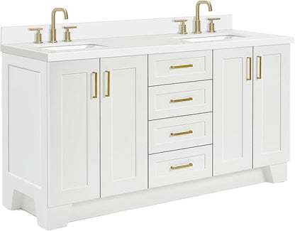 ARIEL Taylor 66-inch Bathroom Vanity with Sink,Solid Wood, 1.5-inch Pure White Quartz Countertop & Backsplash, Double Oval Porcelain Sink, 4 Soft Closing Doors, 5 Dovetail Drawers, Satin Brass, White