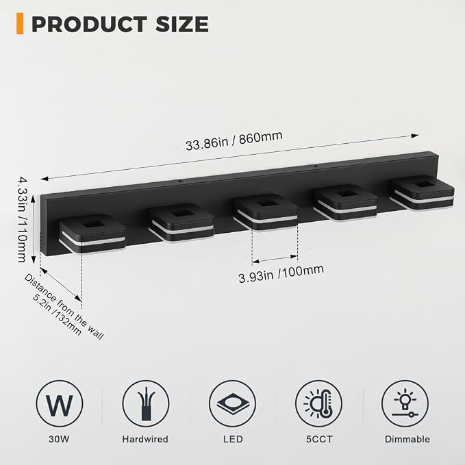 Modern Bathroom Vanity Light Fixture, 34" 5-Light Dimmable LED Wall Sconce Over Mirror, Matte Black Acrylic Vanity Lights for Bathroom, 5CCT Adjustable, Indoor Use