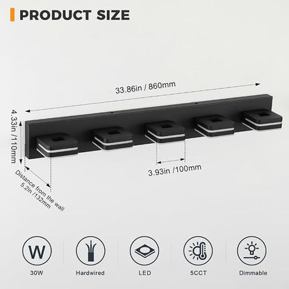 Modern Bathroom Vanity Light Fixture, 34" 5-Light Dimmable LED Wall Sconce Over Mirror, Matte Black Acrylic Vanity Lights for Bathroom, 5CCT Adjustable, Indoor Use