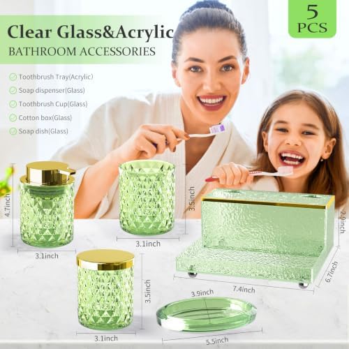 Green Bathroom Accessories Set 5Pcs Crystal Glass, Foaming Soap Dispenser with Rust Pump, Soap Dish, Cup, Acrylic Toothbrush Holder with Tray Organizer, Cotton Swab Jar, Bathroom Counter Decor