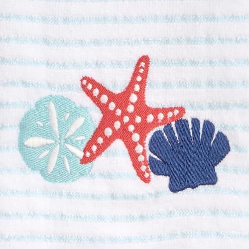 Ritz 2-Piece Cotton Velour Bathroom Hand Towel Set, Embroidered Seashell Trio Design, Light Blue Pinstripe Towels for Beach House, Lake Home, or Spa Decor, 16” x 26”