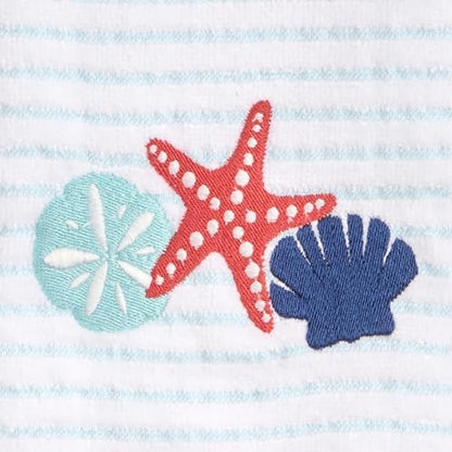 Ritz 2-Piece Cotton Velour Bathroom Hand Towel Set, Embroidered Seashell Trio Design, Light Blue Pinstripe Towels for Beach House, Lake Home, or Spa Decor, 16” x 26”